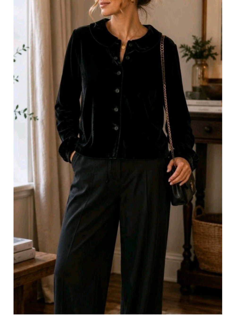 Lilith Black Velvet Silk Blend Cardigan Jacket Sz M Peter Pan Collar Button